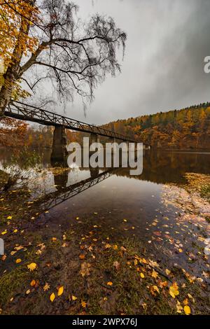 Wunderschöner Blick auf eine lange Stahl- und Holzbrücke über einen großen und stillen See mit herbstlichen goldenen Bäumen und Büschen am bewölkten und regnerischen Morgen Stockfoto