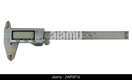Digitaler Präzisionsschieber mit LCD-Bildschirm, isoliert auf weißem Hintergrund Stockfoto