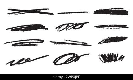 Eine Ansammlung von Holzkohle-überkreuzten Linien und dünnen Ovalen. Set mit verschiedenen Doodle-Highlights, raue runde Form. Horizontale handgezeichnete Markierungsstreifen, gr Stock Vektor