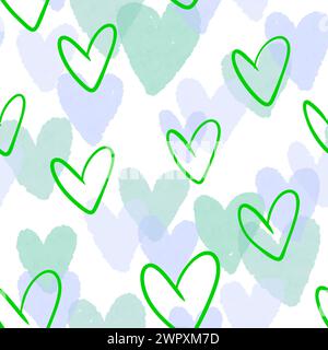 Aquarellfarben Valentinskunst Herzen nahtloses Liebesmuster zum Einpacken von Papier und Stoffen und Kinderbekleidung und Hochzeitsaccessoires und Geburtstagspackung Stockfoto