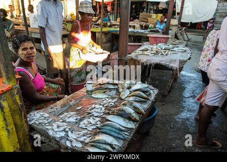 Toliara, Madagaskar - 01. Mai 2019: Frauen verkaufen Fisch auf einem typischen Straßenmarkt - roher Fang auf einfachen Tischen Stockfoto