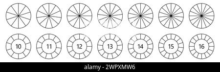 Die Kreisform, die in gleiche Segmente unterteilt ist, Version mit 10 bis 16 Teilen, kann als Infografik-Element verwendet werden Stock Vektor