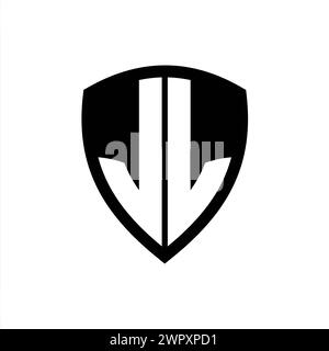 JL-Monogramm-Logo mit auffälligen Buchstaben in Schildform und schwarz-weißer Farbvorlage Stockfoto