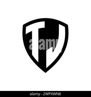 TJ-Monogramm-Logo mit auffälligen Buchstaben in Schildform und schwarz-weißer Farbvorlage Stockfoto