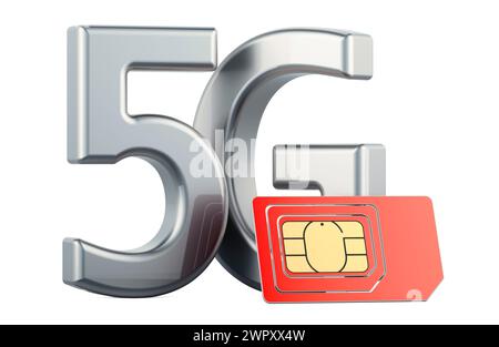 5G mit sim-Karte, 3D-Rendering isoliert auf weißem Hintergrund Stockfoto