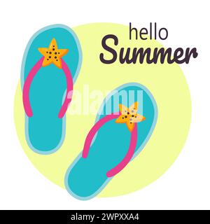 Hallo Sommer. Strandschuhe mit Seesternen. Sommer-Flip-Flops. Vektorabbildung in abgewickelter Form. Stock Vektor