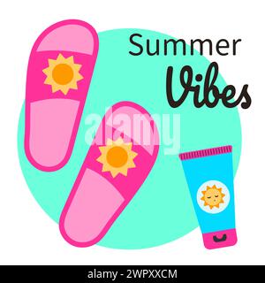 Hallo Sommer. Strand-Flipflops und Sonnencreme. Vektorabbildung in abgewickelter Form. Stock Vektor