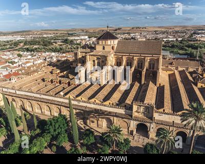 Panoramablick auf die Moschee Kathedrale von Cordoba und den Innenhof von los Naranjos - Cordoba, Andalusien, Spanien Stockfoto