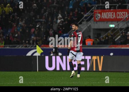 Riccardo Orsolini vom FC Bologna während des italienischen Fußballspiels Serie A zwischen Bologna FC und Inter FC Internazionale am 9. März 2024 im Renato Dall’Ara Stadion in Bologna, Italien Credit: Tiziano Ballabio Credit: Tiziano Ballabio/Alamy Live News Stockfoto