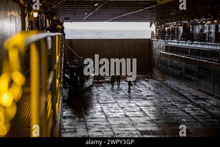 Ein schwedisches Schnellangriffsboot der CB90-Klasse sitzt auf dem Brunnendeck des Docklandeschiffs USS Gunston Hall (LSD 44) der Whidbey-Island-Klasse, das am 7. März 2024 den Einsatz von Kleinbooten zur Unterstützung des Standhaften Defenders verfolgt. Schweden, das neueste Mitglied der NATO, integriert sich während der größten Übung der Allianz seit Jahrzehnten in die NATO-Streitkräfte und setzt ihre langjährige Partnerschaft fort und zeigt gleichzeitig, dass die NATO in der Lage ist, Truppen rasch einzusetzen, um die Verteidigung Europas zu stärken. (Foto der U.S. Navy von Mass Communication Specialist 1st Class Danielle Serocki) Stockfoto