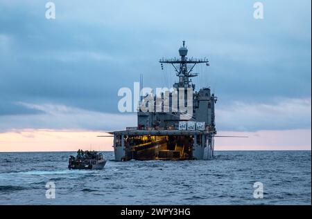 Ein schwedisches Schnellangriffsboot der CB90-Klasse nähert sich dem Brunnendeck des Docklandeschiffs USS Gunston Hall (LSD 44) der Whidbey Island-Klasse an, während des Kleinbootbetriebs zur Unterstützung des Standhaften Defenders 24. März 2024. Schweden, das neueste Mitglied der NATO, integriert sich während der größten Übung der Allianz seit Jahrzehnten in die NATO-Streitkräfte und setzt ihre langjährige Partnerschaft fort und zeigt gleichzeitig, dass die NATO in der Lage ist, Truppen rasch einzusetzen, um die Verteidigung Europas zu stärken. (Foto der U.S. Navy von Mass Communication Specialist 1st Class Danielle Serocki) Stockfoto