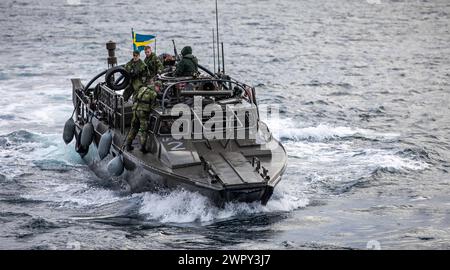 Die schwedischen Marines, die dem 2. Bataillon zugeteilt wurden, bereiten ein Schnellangriffsboot der CB90-Klasse für das Festmachen vor, als es sich dem Brunnendeck des Dock-Landungsschiffs USS Gunston Hall (LSD 44) nähert, während Kleinbooteinsätze zur Unterstützung des standhaften Defenders 24. März 2024. Schweden, das neueste Mitglied der NATO, integriert sich während der größten Übung der Allianz seit Jahrzehnten in die NATO-Streitkräfte und setzt ihre langjährige Partnerschaft fort und zeigt gleichzeitig, dass die NATO in der Lage ist, Truppen rasch einzusetzen, um die Verteidigung Europas zu stärken. (Foto der U.S. Navy von Mass Communication Specialist 1st Class Danielle S Stockfoto
