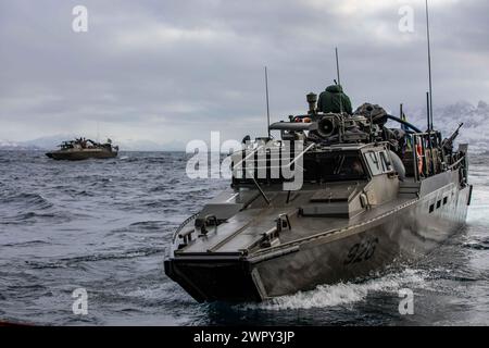 Ein schwedisches Schnellangriffsboot der CB90-Klasse nähert sich dem Brunnendeck des Docklandeschiffs USS Gunston Hall (LSD 44) der Whidbey Island-Klasse an, während eines kleinen Bootsbetriebs zur Unterstützung des Standhaften Defenders am 24. März 2024. Schweden, das neueste Mitglied der NATO, integriert sich während der größten Übung der Allianz seit Jahrzehnten in die NATO-Streitkräfte und setzt ihre langjährige Partnerschaft fort und zeigt gleichzeitig, dass die NATO in der Lage ist, Truppen rasch einzusetzen, um die Verteidigung Europas zu stärken. (Foto der U.S. Navy von Mass Communication Specialist 1st Class Danielle Serocki) Stockfoto
