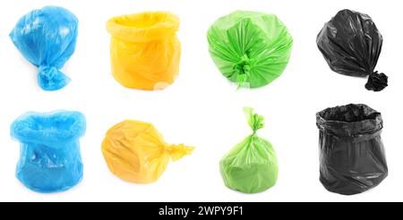 Verschiedene Müllbeutel aus Kunststoff isoliert auf weiß, Set Stockfoto