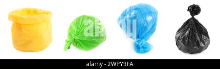 Verschiedene Müllbeutel aus Kunststoff isoliert auf weiß, Set Stockfoto