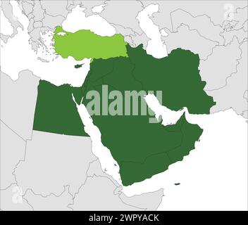 Hellgrüne Karte der TÜRKEI (TÜRKIYE) im Inneren hervorgehoben dunkelgrüne Karte des Nahen Ostens Stock Vektor