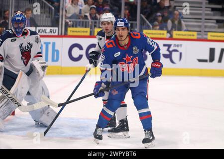 Sankt Petersburg, Russland. März 2024. SKA Hockey Club Spieler Grigory Kuzmin (56) in Aktion während des Spiels der Kontinental Hockey League, Gagarin Cup, Match 5, Finalsaison 1/8 KHL 2023 - 2024 zwischen SKA Sankt Petersburg und Torpedo Nischni Nowgorod in der SKA Arena. (Endpunktzahl; SKA St. Petersburg 3:0 Torpedo Nischni Nowgorod) (Foto: Maksim Konstantinov/SOPA Images/SIPA USA) Credit: SIPA USA/Alamy Live News Stockfoto