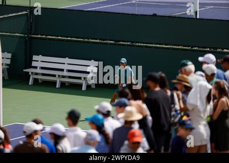 9. März 2024 Novak Djokovic aus Serbien während seiner Trainingssitzung während der BNP Paribas Open in Indian Wells, CA. Charles Baus/CSM Stockfoto