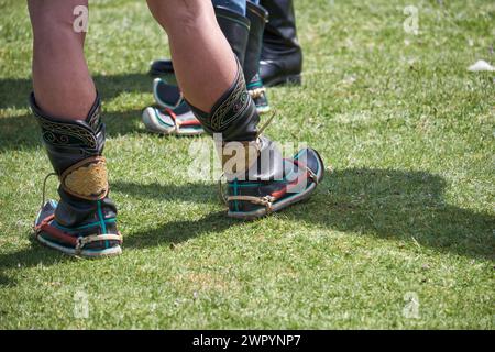 CHOVD, MONGOLEI - 06. JULI 2017: Mongolische Wrestler kämpfen in der Natur. Traditionelle mongolische Wrestlerschuhe. Stockfoto