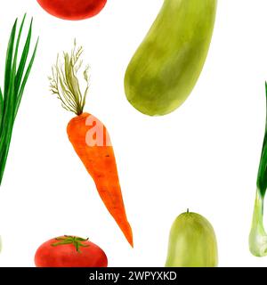 Pflanzliches nahtloses Muster in Aquarell, handgezeichnet. Zwiebeln, Tomaten, Zucchini, Karotten. Für Küchentextilien, Tapeten, Menü, Verpackungsdesign Stockfoto