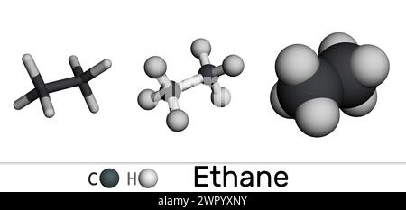 Ethan-C2H6-Molekül. Verschiedene 3D-Molekülmodelle auf weißem Hintergrund. 3D-Rendering. Abbildung Stockfoto