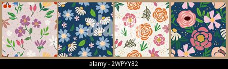 Nahtloses Retro-Kunstmuster mit bunten Blumen. Stock Vektor