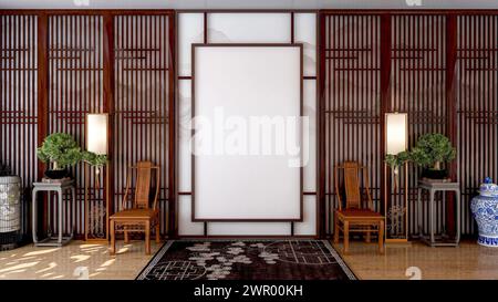 Leere Leinwand Bilderrahmen für Mock up im chinesischen traditionellen Stil Wohnzimmer, 3D-Rendering Stockfoto