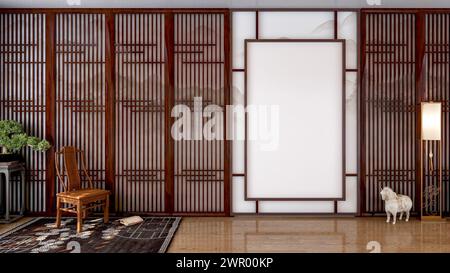 Leere Leinwand Bilderrahmen für Mock up im chinesischen traditionellen Stil Wohnzimmer, 3D-Rendering Stockfoto