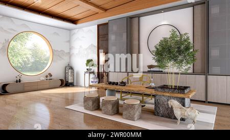 Interieur des traditionellen chinesischen Stil Wohnzimmer mit Möbeln und Holzboden, 3d-Rendering Stockfoto