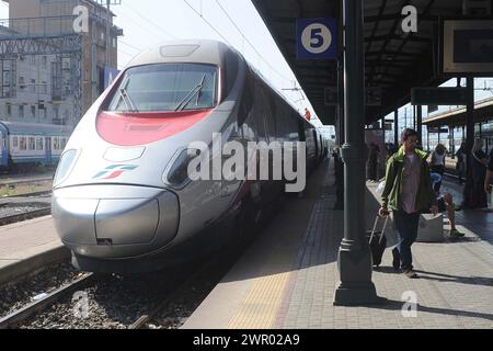 Stazione Ferroviaria con treni e passeggeri/Bahnhof mit Zügen und Fahrgästen Stockfoto