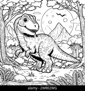 Färbung zeichnen Dino mit Berg- und Mondhintergrund. Schwarz-weiß-Version für Kinder Stock Vektor