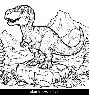 Dino mit einem Stein-Berg-Hintergrund. Schwarz-weiß-Version für Kinder Stock Vektor
