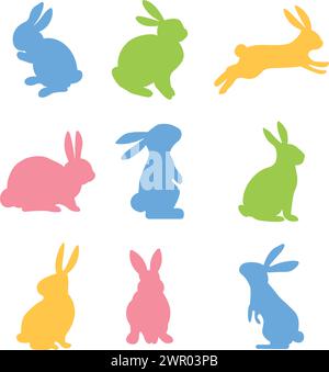 Kaninchen in verschiedenen Positionen Clipart Set. Farbenfrohe Silhouettenkollektion mit Osterhasen. Isoliert. Vektorabbildung Stock Vektor