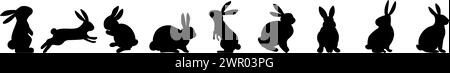 Kaninchen in verschiedenen Positionen Clipart Set. Schwarze Silhouette-Kollektion für Osterhasen. Isoliert auf weißem Hintergrund. Vektorillustration Stock Vektor