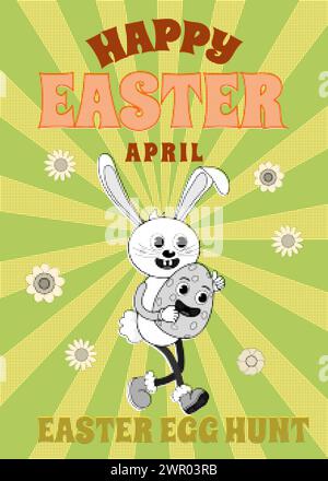 Happy Easter Groovy Cartoon Poster Retro. Lustiger Hase mit Ei, Ostereiersuche Stock Vektor
