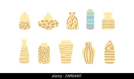 Blumenvasen Set. Retro-Keramik und Keramik. Leere Gefäße in verschiedenen Formen und Formen in trendigem Stil isoliert auf weißem Hintergrund. Kreatives, modisches Geschirr, Einrichtung. Illustration des flachen Vektors .. Stock Vektor