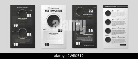 Vorlage für Kundendienstüberprüfung. Feedback zu Produkt- oder Unternehmenspreisen. Set von Erfahrungsberichten, Webbanner zur Kundenzufriedenheit mit Sternen. Testimonials Design mit Meinung, Benutzersymbol, Kommentar Stock Vektor