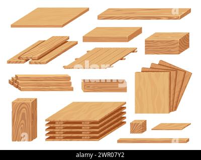 Sperrholz für Zeichentrickfilme. Holzplatten und -Platten für Bau und Möbel, Naturholzwerkstoff für die Tischlerei. Vektor-isolierter Satz Stock Vektor