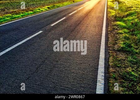 Eine offene Straße mit weißen Linien, umgeben von sonnendurchfluteten Wiesen. Stockfoto