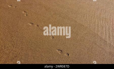 Fußabdrücke sind auf dem Sand sichtbar, die in eine Richtung führen. Stockfoto