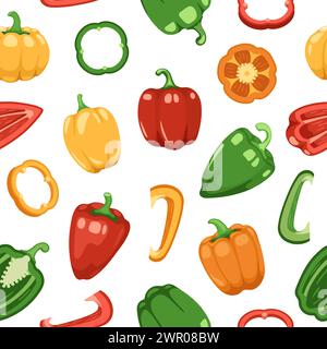 Glockenpfeffer-Muster. Nahtloser Druck aus rotem Grün, Gelb, reif geschnittenem rohen und süßem Gemüse, Textur aus Bio-Paprika in Cartoon. Vektortextur Stock Vektor