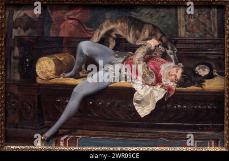 „Page Playing with a greyhound“, ca. 1869, Giovanni Boldini (1842-1931) Stockfoto