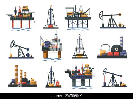 Ölbohrung und Bohrfahrzeug. Ölpumpenturm und Bohrturm für Rohöl, Förderung und Transport von Kraftstoff und Gas. Vektor-Cartoon Stock Vektor