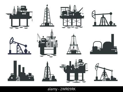 Silhouette der Ölplattform. Offshore-Erdöl-Jack-Derrick-Turm, Gasförderanlage der Energiewirtschaft, Kraftstoffproduktion und -Transport. Vektor Stock Vektor