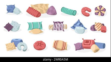 Dekorative Kissen in Karikaturen. Abstraktes weiches, bequemes Kissen mit verschiedenen Formen und Mustern, Inneneinrichtung aus Textil. Vektor isoliert Stock Vektor