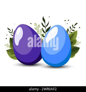Blaue Ostereier mit grünen Blättern und Zweigen auf dem Hintergrund. Abbildung in flacher Ausführung. Vektor-Clipart für die Gestaltung von Grußkarte, Weihnachtsbanner, Stock Vektor