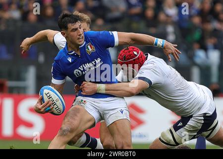 Rom, Italie. März 2024. Tommaso Menoncello von Italien im Einsatz während der Six Nations Championship 2024, Rugby union Spiel zwischen Italien und Schottland am 9. März 2024 im Stadio Olimpico in Rom, Italien - Foto Federico Proietti/DPPI Credit: DPPI Media/Alamy Live News Stockfoto