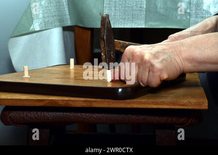 Der Zimmermann setzt Holzdübel nacheinander in die gebohrten Löcher im Sitz des Stuhls ein. Stockfoto