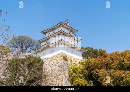 Flacher Blick auf die Steinmauern von Ishigaki und den weißen Hitsujisaru-Turm, Yagura, auf der Burg Akashi in Japan im Frühling. Klarer blauer Himmel. Stockfoto