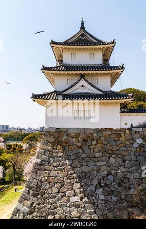 Schloss Akashi, Japan. Der tatsumi Yagura, Turm, oben auf hohen steilen Ishigaki Steinmauern in der Frühlingssonne. Ein paar Drachen fliegen rüber. Stockfoto